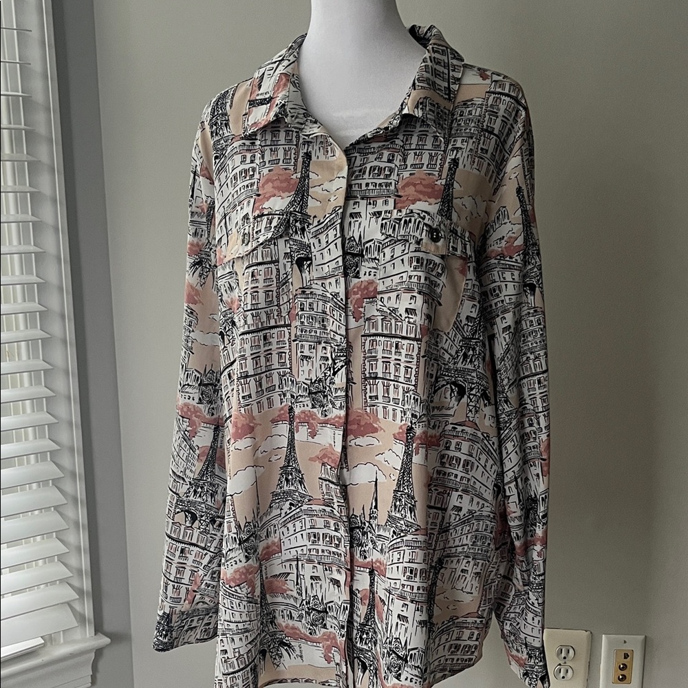 Karl Lagerfeld XL Parisian Print Button-Up Blouse Long sleeve & placard pockets